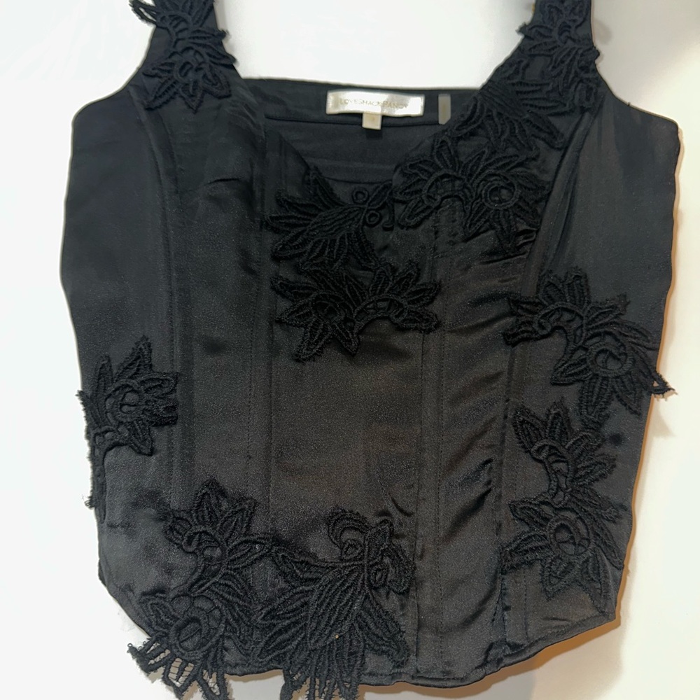 LoveShackFancy Black Sleeveless Tank Top with Bustier Embellishments